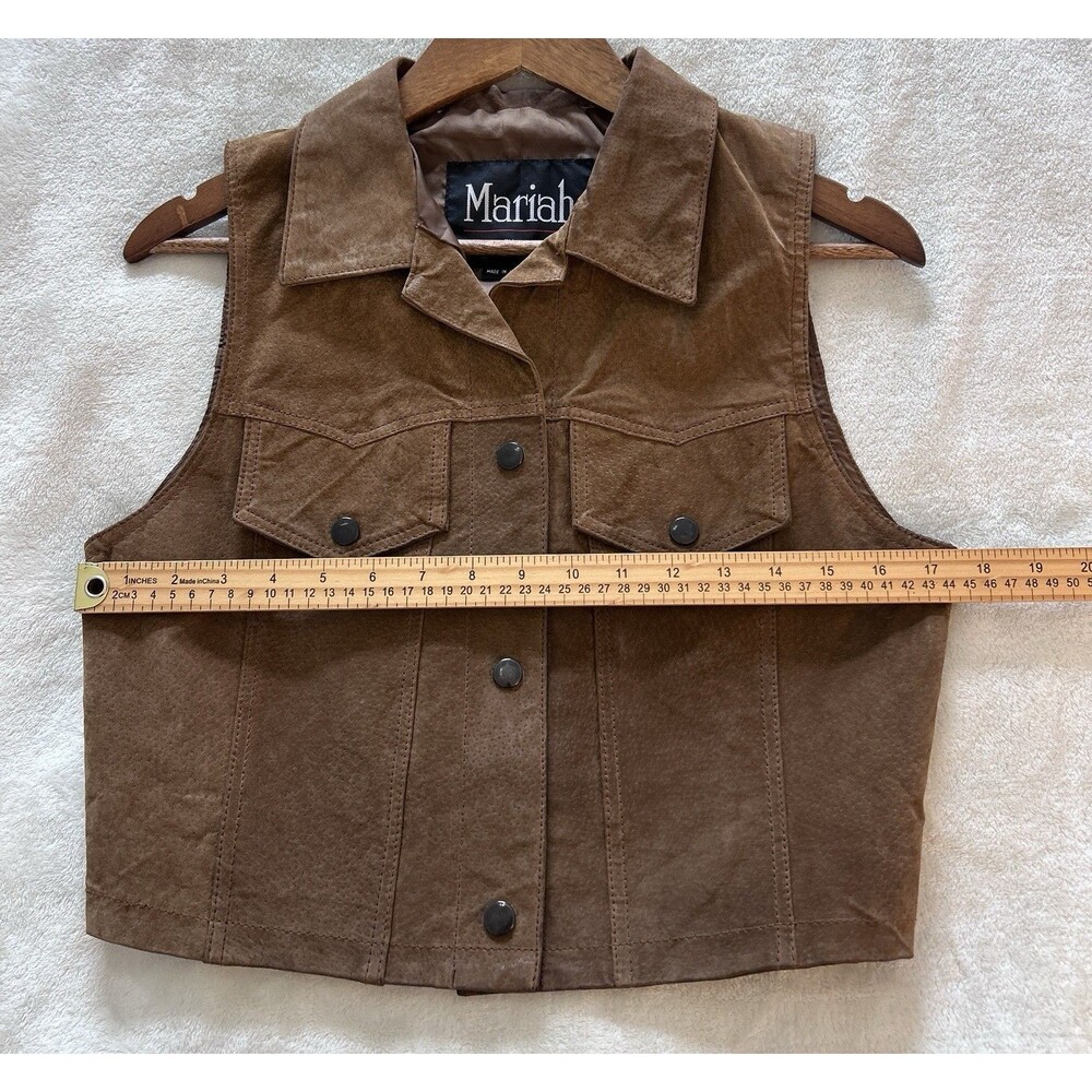 Vintage Brown Leather Vest Women Small Cropped Western Snap Button Moto Biker - Picture 8 of 12